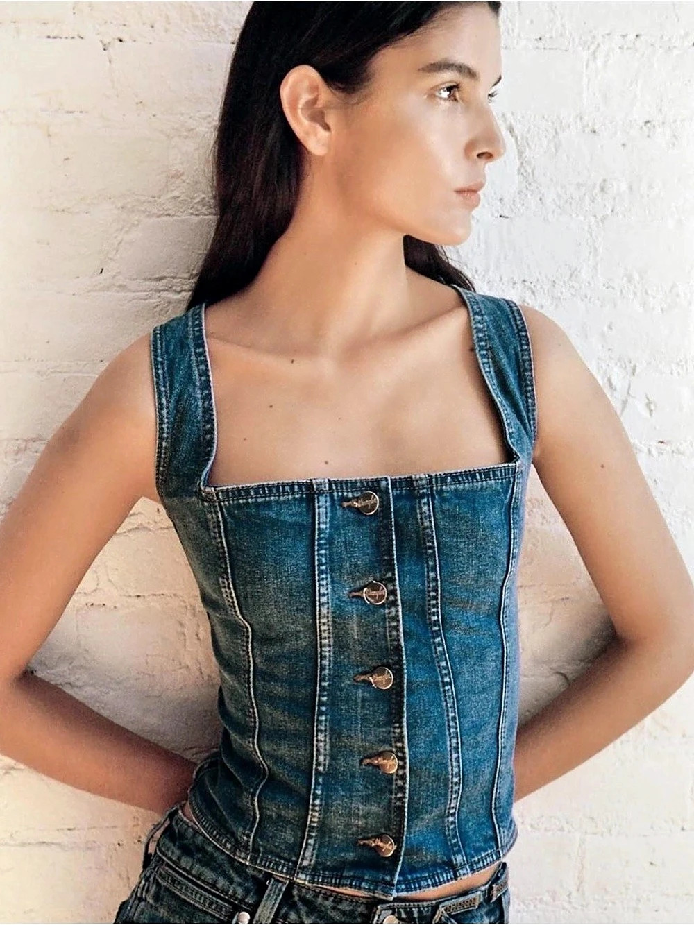 Wrangler + STAUD Women's Pleated Denim Corset Top in Blue - Picture 2 of 8